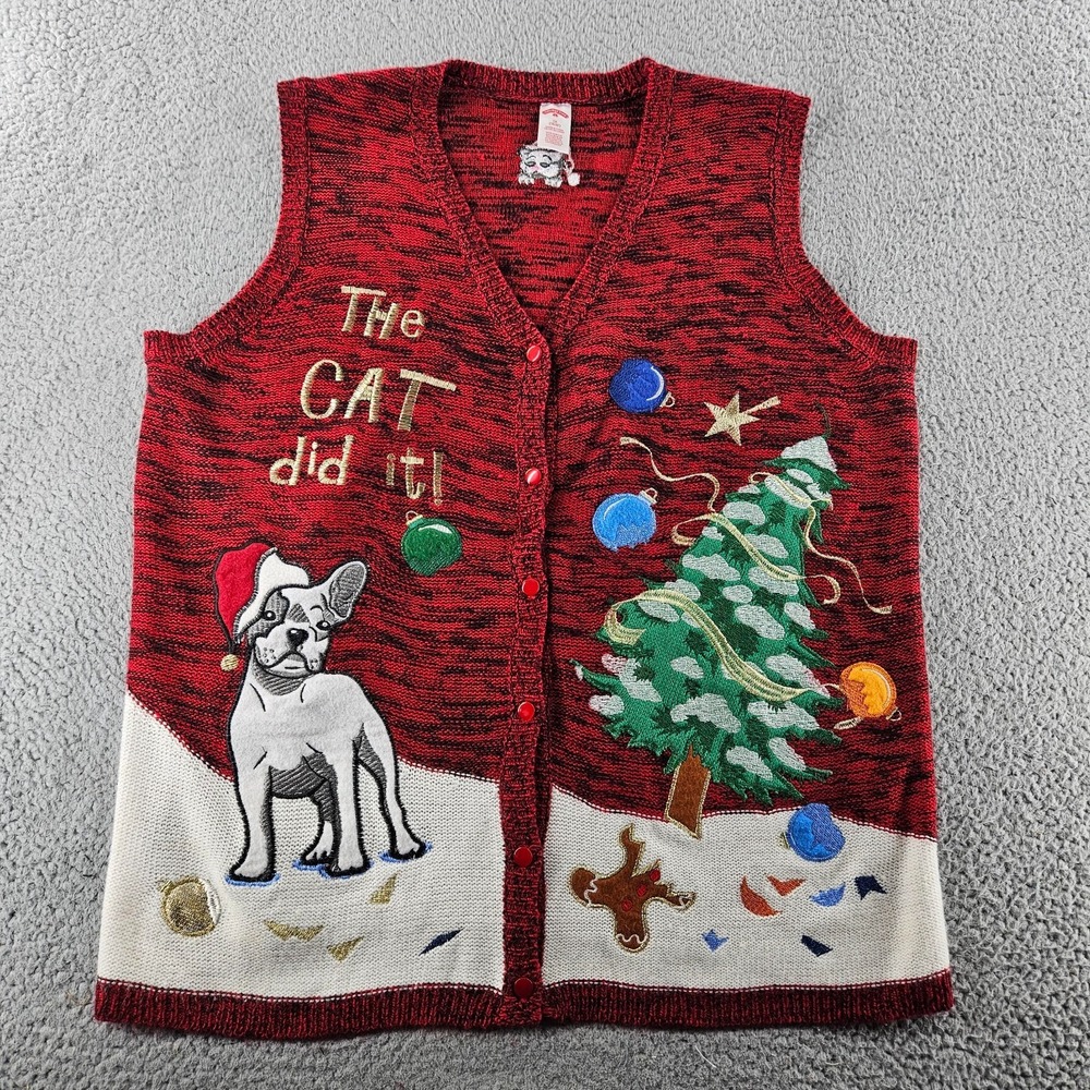 Ugly Christmas Sweater Vest Womens 1X Red Knit Cat Did It Tree Dog Holiday Party
